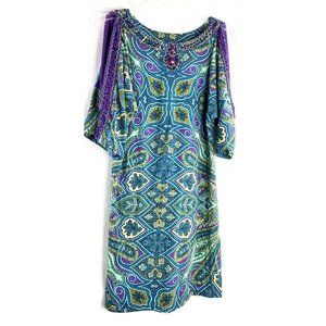 Joyous and Free Womens Jewel Beaded Shift Dress Size S Blue Purple Paisley